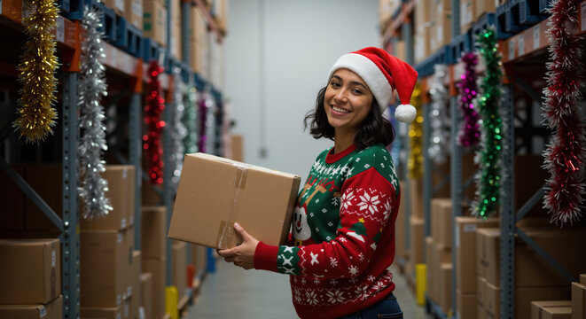 Cheerful warehouse employee wearing santa hat ugly christmas sweater holding cardboard package among decorated shelves with tinsel, festive shipping service