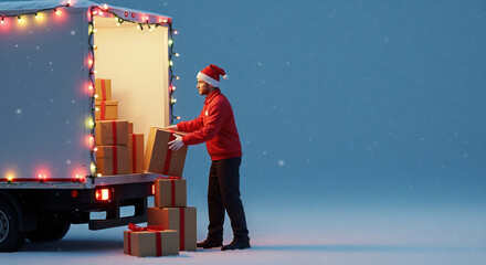 Delivery driver wearing santa hat loading wrapped gift boxes into illuminated truck during snowy evening, christmas shipping logistics service concept