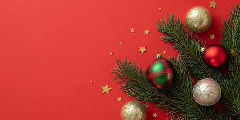 Festive christmas tree branch with red and gold ornaments and scattered golden stars on a vibrant red background