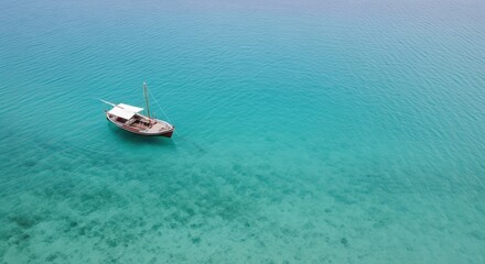 Wooden boat floating on clear turquoise sea in peaceful tropical paradise