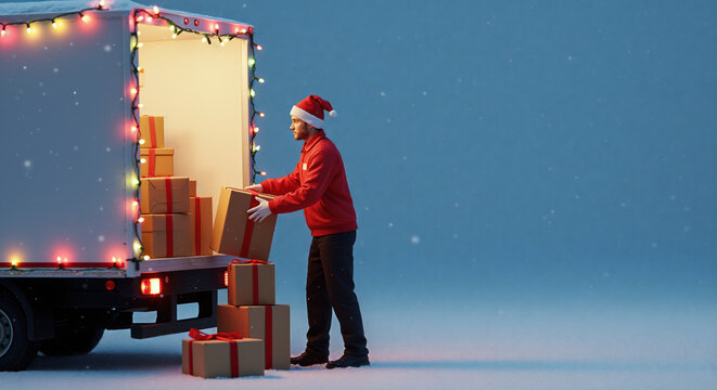 Delivery driver wearing santa hat loading wrapped gift boxes into illuminated truck during snowy evening, christmas shipping logistics service concept