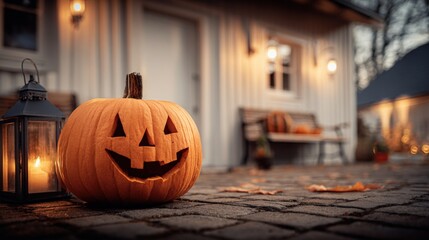 Fototapeta premium Festive Halloween Pumpkin Decoration with Lantern and Warm Lighting for Spooky Season Celebrations
