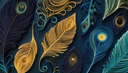 Intricate paper quilled peacock feathers in gold, teal, and navy on dark background