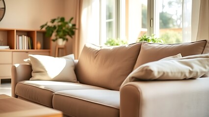 Comfortable sofa in a warm living room setting, bathed in soft afternoon light from a nearby window.