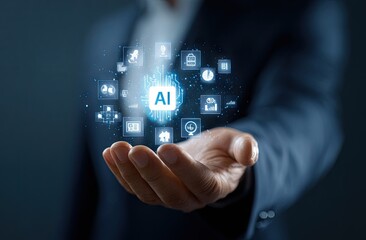 Person holding AI technology icons, symbolizing integration of artificial intelligence into various business sectors