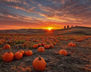 Autumn Sunset Over Pumpkin Patch