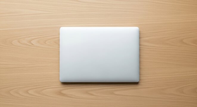 Closed silver laptop on wooden desk in minimal top view