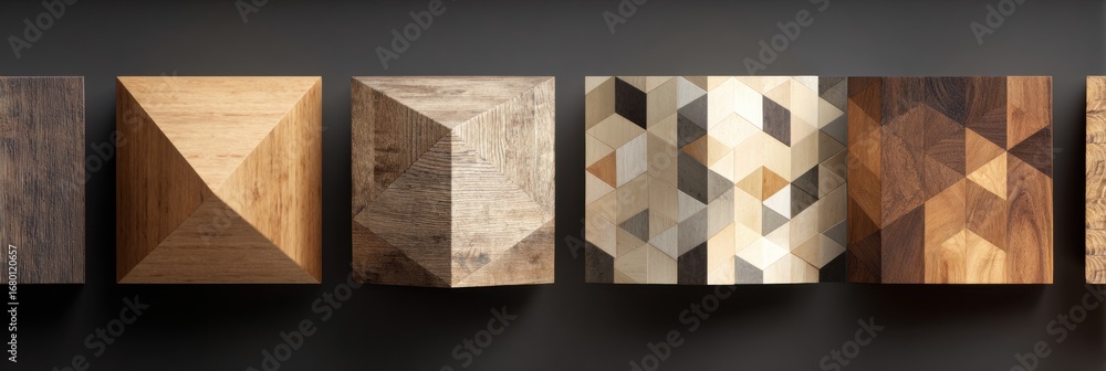 Poster unique wooden geometric blocks showcasing different textures and designs arranged in a line on a dar