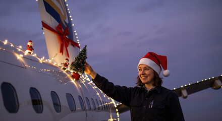Smiling aviation technician wearing santa hat decorating aircraft with christmas lights and miniature tree during purple evening, holiday travel concept