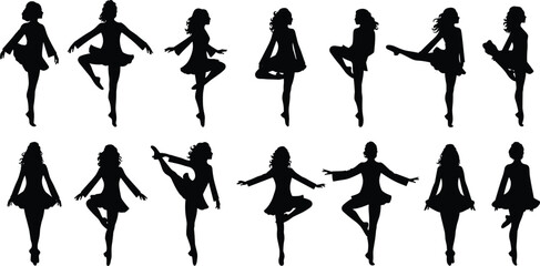 Female dancer silhouette vector illustration, women performing dance poses, elegant choreography artwork, graceful movement design, stage performance art, modern lifestyle concept graphic