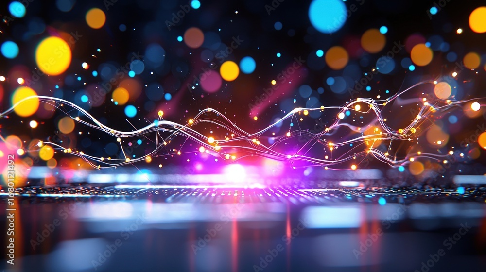 Poster abstract digital art glowing particles and waveforms in dark backgrounds. futuristic visuals. colorf