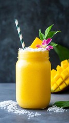 Tropical mango coconut smoothie with decorative garnish
