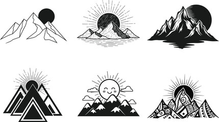 Mountain and sun vector illustration, sunrise silhouette artwork, scenic nature landscape design, outdoor adventure concept, abstract peaks drawing, travel lifestyle graphic inspiration