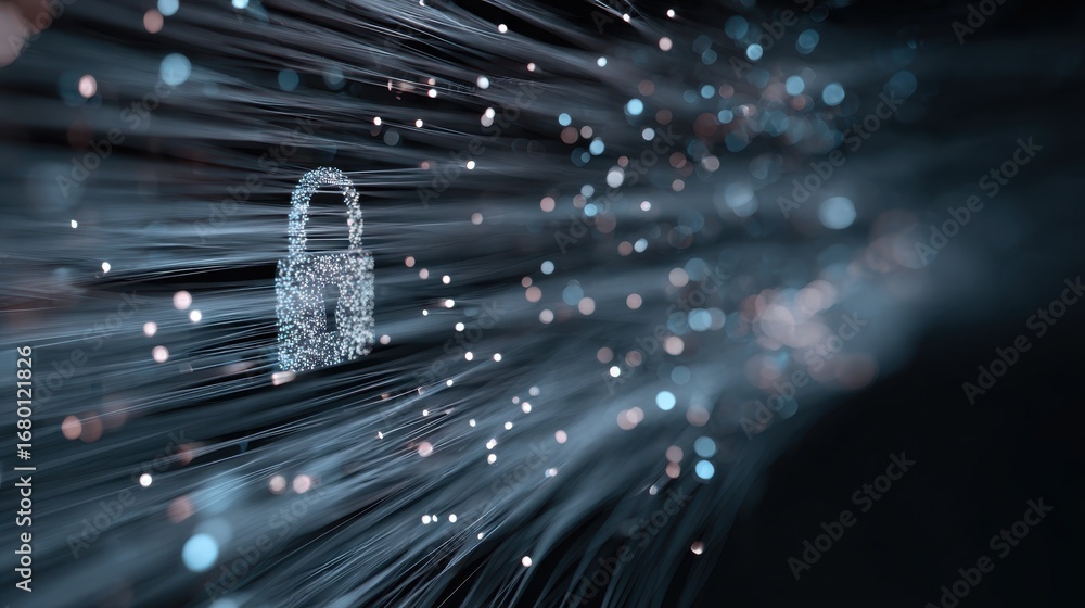 Poster medium shot capturing a focused padlock symbol made of light particles with outoffocus data lines fl