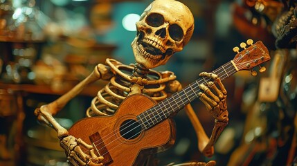 Skeleton playing ukulele in a vintage shop setting