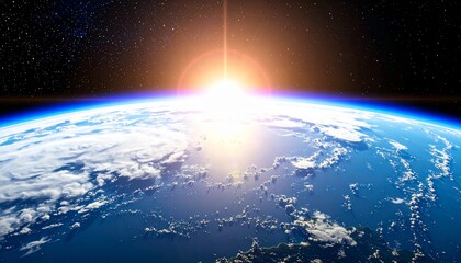 A spectacular sunrise over the Earth's atmosphere, with the sun's rays bursting through the clouds and illuminating the planet from space.