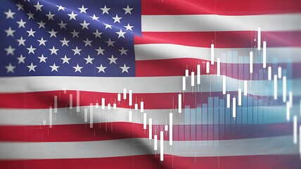 American flag with a downward trending stock market graph overlay representing economic decline or recession in the united states