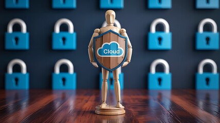Golden robotic figure with a shield representing cloud security stands guard against a backdrop of numerous blue padlocks symbolizing data protection