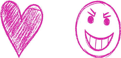 Obraz premium A pink heart and a smiling face with evil eyes, hand-drawn and scribbled on white background.
