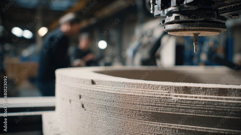 Aufkleber close medium shot highlighting the layered texture of a curved concrete facade segment as a 3d print