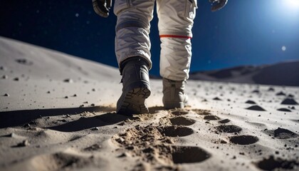 Alien leaving new footprints on dusty moon surface, distant space background, 8K detail