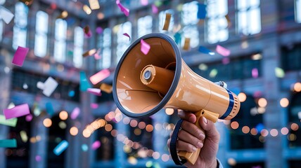 Hand holding a bright orange megaphone with colorful confetti falling around it in a celebratory outdoor setting