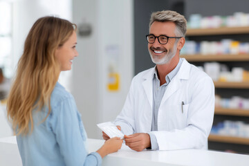 Fototapeta premium A friendly pharmacist helping a customer, showing good service and professional care.