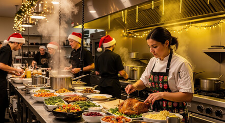 Professional chef in festive christmas apron preparing holiday feast with roasted turkey and side dishes in commercial restaurant kitchen for catering services promotion horizonta