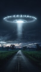 Mysterious U F O Soars Over a Remote Country Road at Night Illuminated by Stars Creating an Eerie and Intriguing Scene Full of Wonder and Curiosity