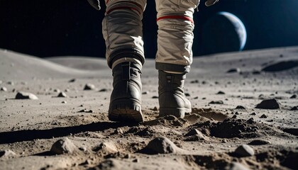 Alien leaving new footprints on dusty moon surface, distant space background, 8K detail