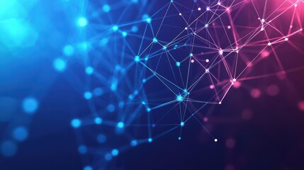 Abstract digital network with interconnected glowing nodes and lines in vibrant blue and pink colors representing data connections and technology concepts
