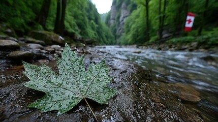 Maple leaf on rocks near a stream in a lush green forest.