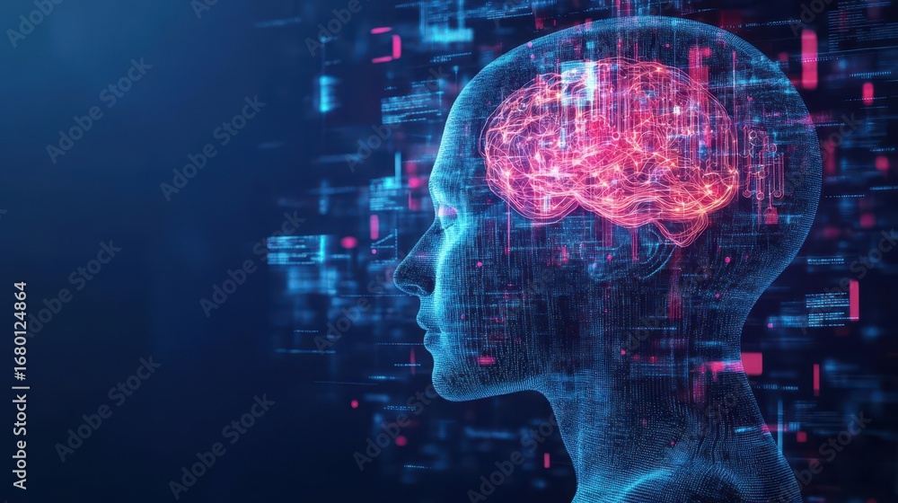 Aufkleber highly detailed digital illustration of a human side profile with illuminated brain and neural netwo