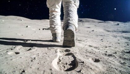 Alien leaving new footprints on dusty moon surface, distant space background, 8K detail