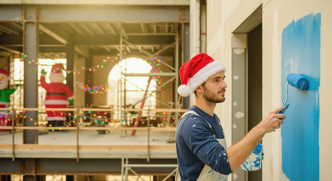 Young painter in santa hat using blue paint roller on wall at construction site with holiday lights for seasonal painting and renovation services marketing horizontal