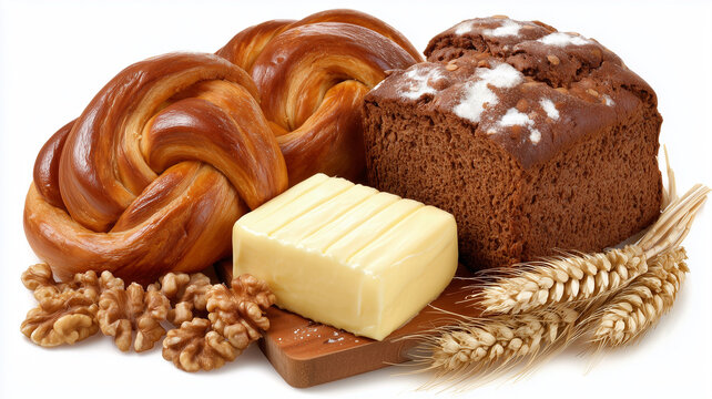 Artisan bakery selection with braided bread sweet loaf butter walnuts and wheat celebrating craftsmanship comfort food traditions and the joy of freshly baked goods.
