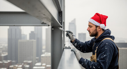 Construction worker in santa hat using drill on high-rise building site with urban cityscape background for winter construction services and holiday marketing promotion horizontal