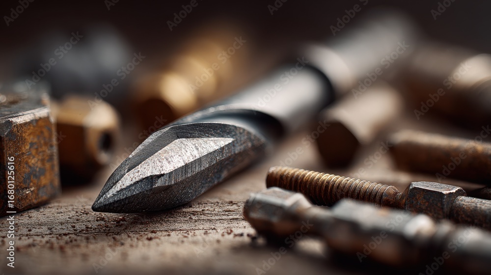 Poster detailed shot of a specialty drill bit tailored for mixed materials featuring an innovative tip desi