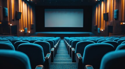 Fototapeta premium Empty Blue Seats in a Movie Theater Facing a Large Screen