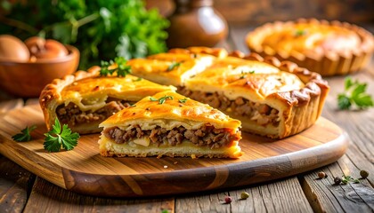 Delicious sliced meat pie on a wooden board