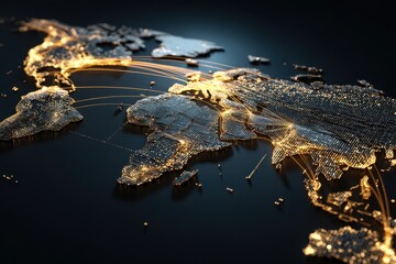 Illuminated World Map - Glowing Cities and Interconnected Networks on Dark Background.