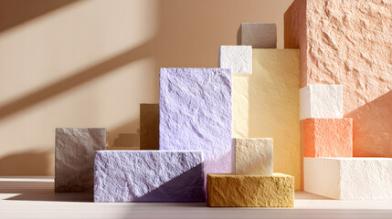 Abstract scene with pastel-colored textured blocks arranged for mockup product display, clean lighting, minimal and modern design --ar 16:9