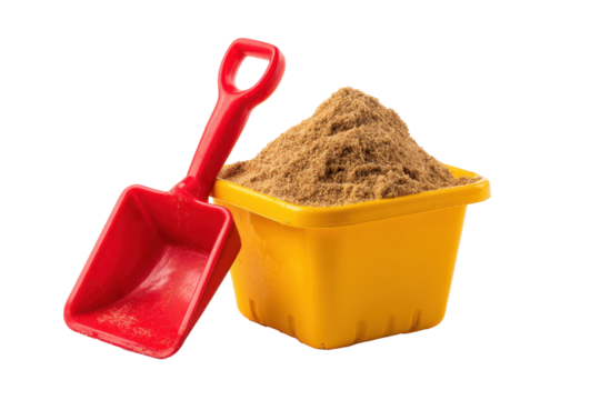 Red Shovel and Yellow Sand Container on Transparent Background