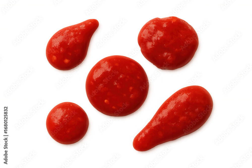 Poster red sauce blobs splashing across transparent surface, showcasing unique shapes for culinary design n