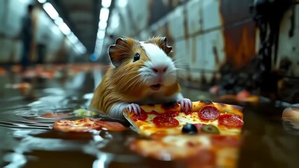 Guinea pig eating pizza in a flooded subway tunnel - Powered by Adobe