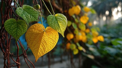 Close-up of yellow and green heart-shaped leaves hanging from vines outdoors.