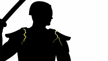 Silhouette of a warrior with helmet and shoulder armor holding a weapon ready to strike position