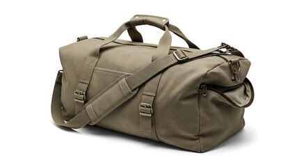 Naklejka premium A khaki-colored duffel bag rests on a white background, showcasing its design and features.