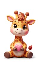 Fototapeta premium A heartwarming 3D illustration of an adorable baby giraffe sitting on the ground holding heart shape sign. valentine animal 