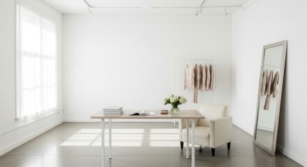 Fototapeta premium Bright Minimalist Studio Interior with Fashion Display, Desk, Armchair, and Natural Light